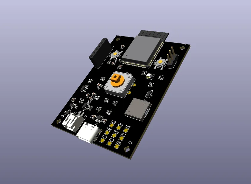 A copperhead-designed board: the Open Telegraph key, with ESP32-S3, USB-C and the copper switch, rendered from its KiCad files.