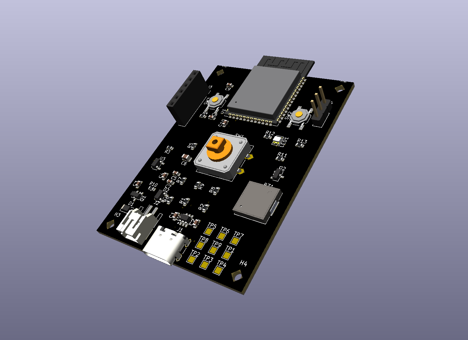 Render of the Open Telegraph board, a 40 by 40 mm ESP32-S3 Morse key